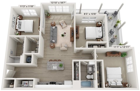 Floor plan for 3 beds, 2 baths, 1236 sqft